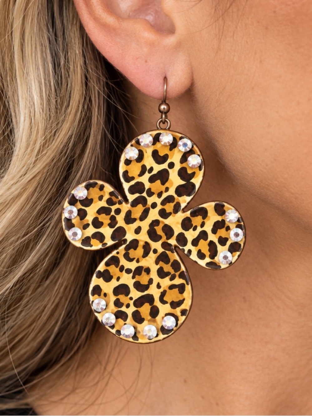 Sookie Sookie boutique leopard print cross and rhinestone earrings